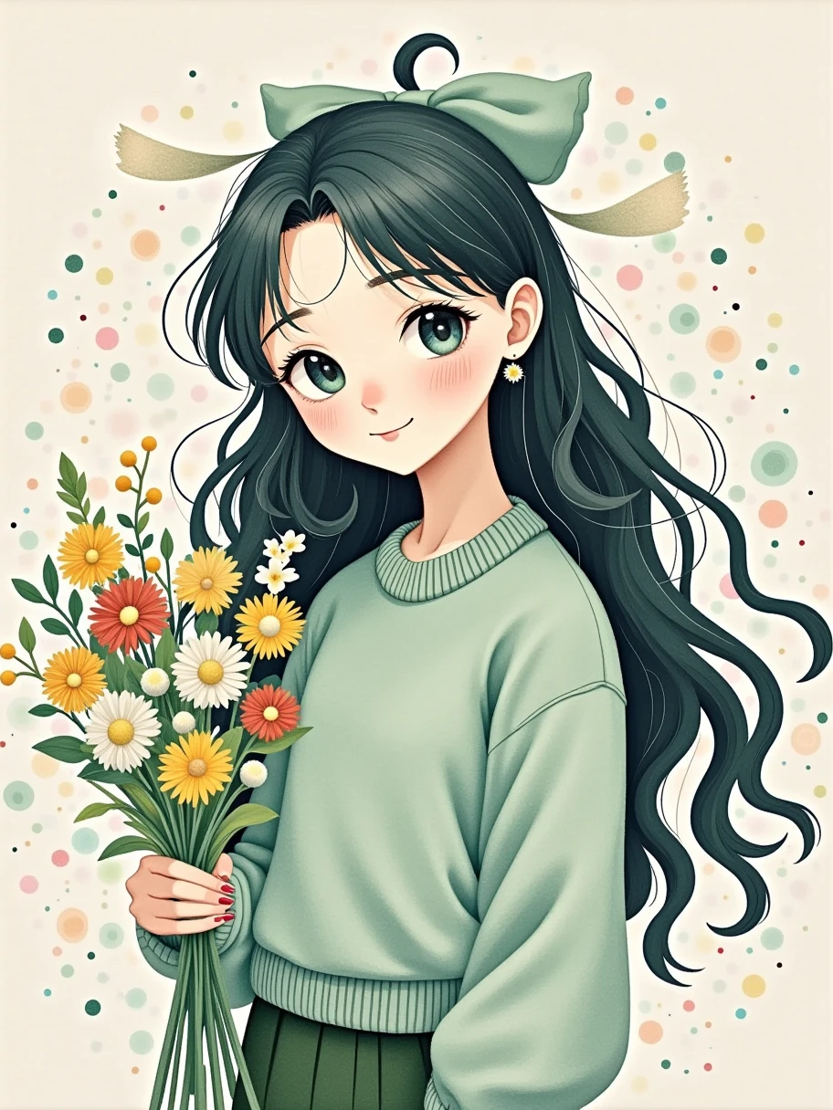 Fluid Watercolor , artistic conception, open,  Toyama made of wool felt material ,  A beautiful sister with long curly hair ,  wearing a tender green sweater ,  wears a beautiful bow hair rope on his head,  holding a bouquet of flowers in one hand , Sister facing the camera , Kasuga, Ye Ruikun , Gu Yuan,  line illustration , Matte texture , Colorful Lights and Shadows,  color particles ,  Massive ink splash effect , Minimalist composition,  Elegant background 