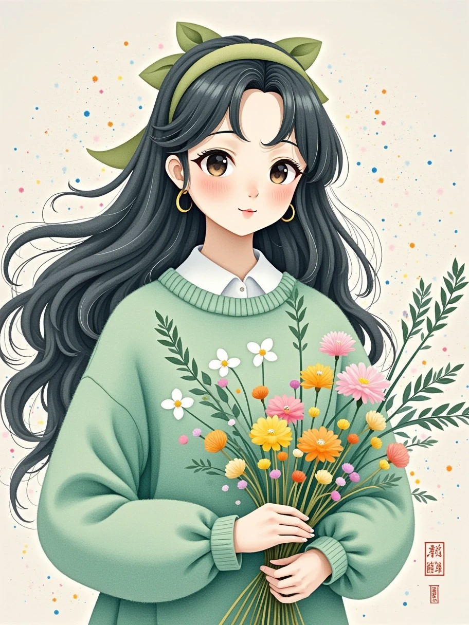 Fluid Watercolor , artistic conception, open,  Toyama made of wool felt material ,  A beautiful sister with long curly hair ,  wearing a tender green sweater ,  wears a beautiful bow hair rope on his head,  holding a bouquet of flowers in one hand , Sister facing the camera , Kasuga, Ye Ruikun , Gu Yuan,  line illustration , Matte texture , Colorful Lights and Shadows,  color particles ,  Massive ink splash effect , Minimalist composition,  Elegant background 