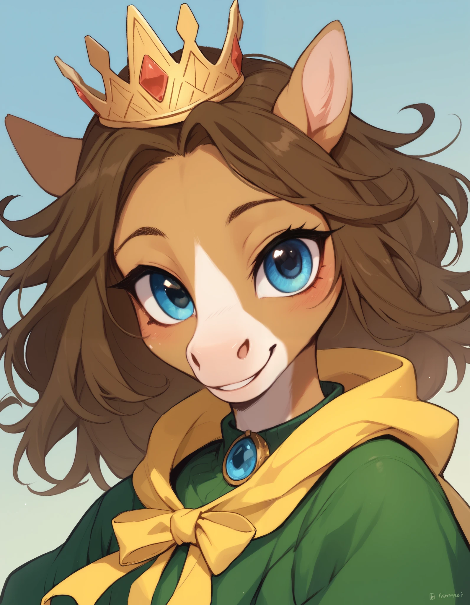 kimkrab, solo, anthropomorphic horse, 1 girl, furry female, furry horse, light brown fur, blue eyes, long snout, dark brown mane, green clothes with large yellow stripe, crown,