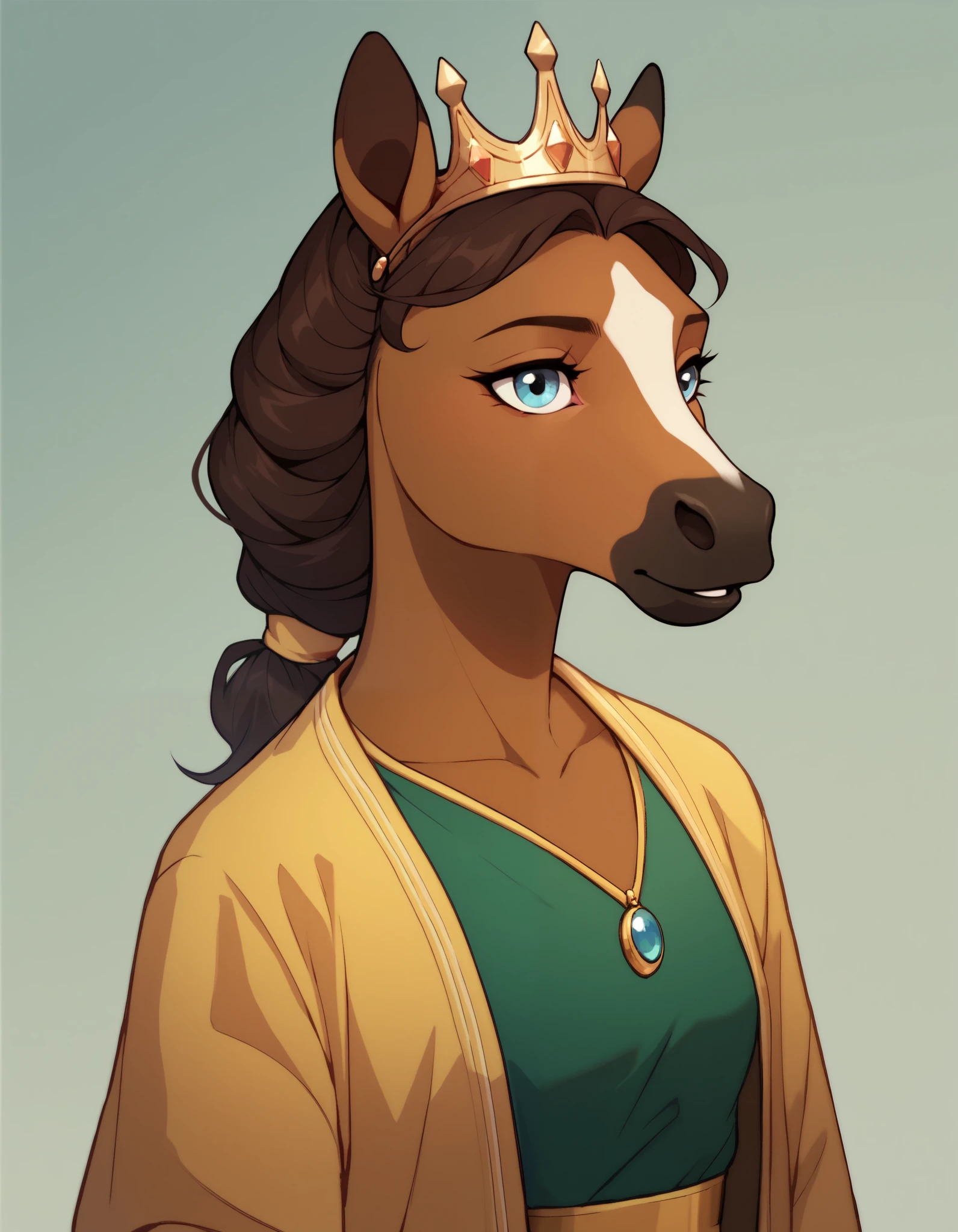 tohstyle, solo, anthropomorphic horse, 1 girl, furry female, furry horse, light brown fur, blue eyes, long snout, dark brown mane, green clothes with large yellow stripe, crown,