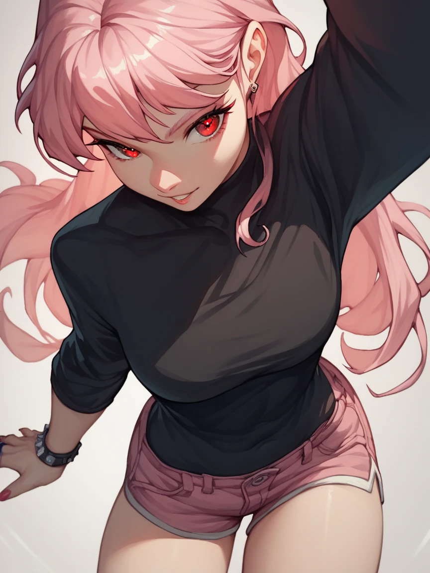 score_9, score_8_climb, score_7_climb, score_6_climb, score_5_climb,  Lhta 4564 , 1 girl, Neon pink long hair,  black shirt, Red eyes