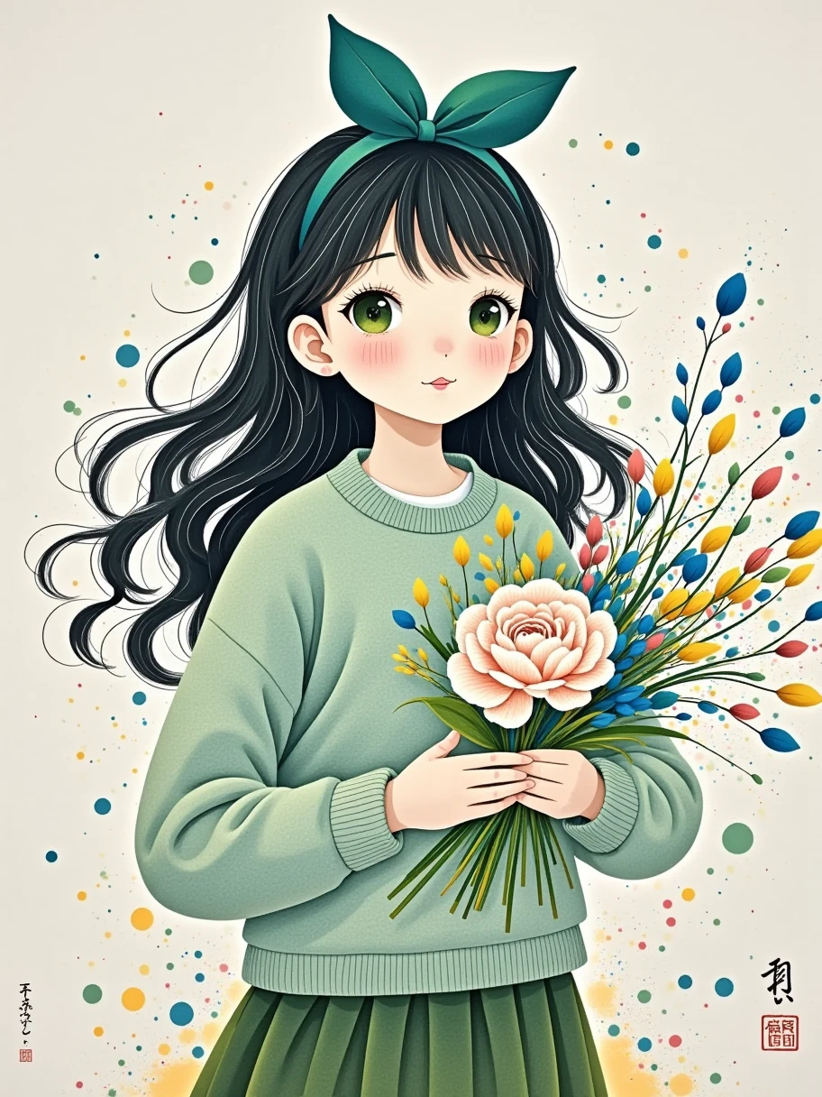 Fluid Watercolor , artistic conception, open,  Toyama made of wool felt,  A beautiful sister with long curly hair ,  wearing a tender green sweater ,  wearing a beautiful bow hair rope on her head,  holding a bouquet of flowers in one hand , Sister facing the camera , Kasuga, Ye Ruikun , Gu Yuan,  line illustration , Matte texture , Colorful Lights and Shadows,  color particles ,  Massive ink splash effect , Minimalist composition,  Elegant background , 1ltsc1 