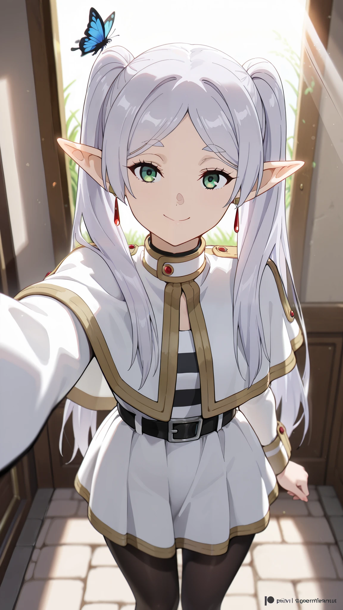 1girl, (masterpiece:1.3), (high resolution), (8K), (extremely detailed), (4k), (pixiv), perfect face, nice eyes and face, (best quality), (super detailed), detailed face and eyes, (solo), textured skin, absurdres, highres, wz_sousou_no_frieren_style, wz_sousou_no_frieren_style, twintails, very long hair, silver hair, pointy ears, elf, white capelet, green eyes, black pantyhose, earrings, white skirt, belt, white sleeves, pov, selfie, light, smile, light rays, sunlight, butterfly, grass, stone street