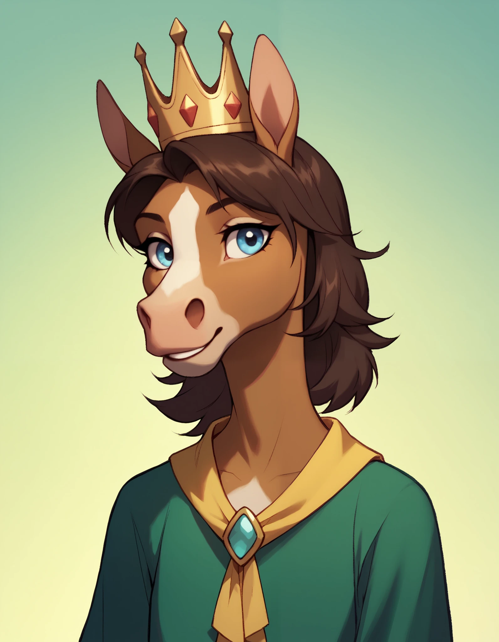 tohstyle, solo, anthropomorphic horse, 1 girl, furry female, furry horse, light brown fur, blue eyes, long snout, dark brown mane, green clothes with large yellow stripe, crown,