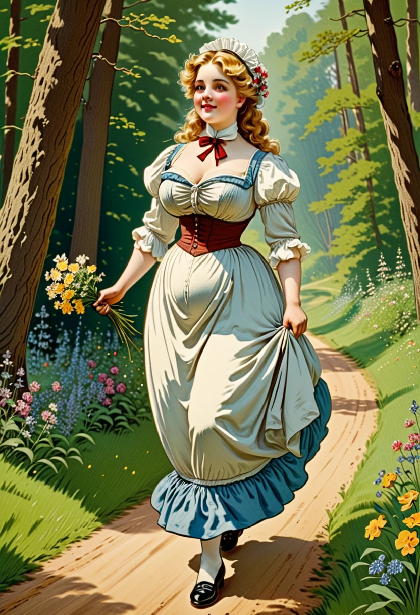 ((SFW)), 4K, UHD, Extremely detailed portrait art, 
[ Nancy Travis | Jessica Stroup ],   peasant blouse with a full midi skirt, a pair of heeled clogs or lace-up boots, and a basket bag , house  scenery, 
 by  Alberto Vargas <lora:Alberto_Vargas_Pinup_Style:0.6>