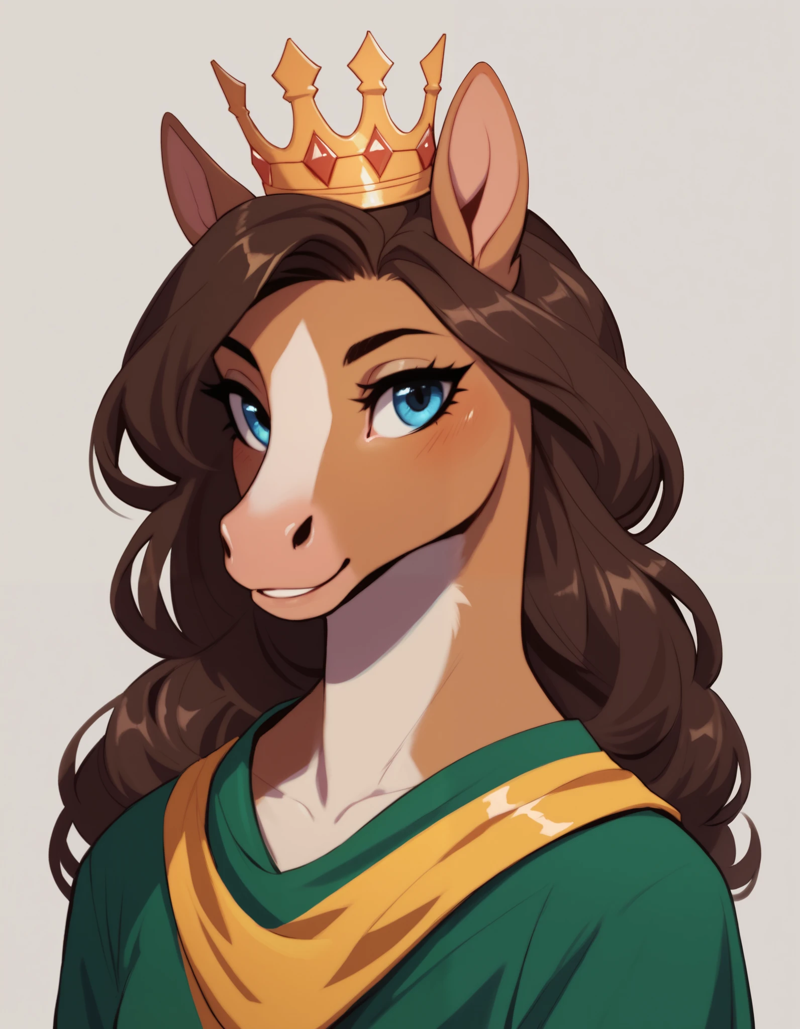 tmosth, flat color, sloppy coloring, solo, anthropomorphic horse, 1 girl, furry female, furry horse, light brown fur, blue eyes, long snout, dark brown mane, green clothes with large yellow stripe, crown,