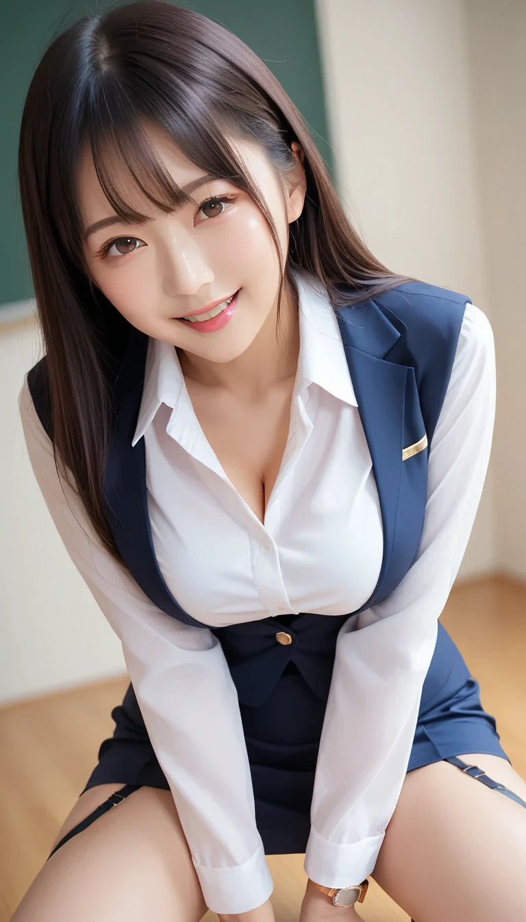 8K, highest quality, real image, intricate details, Super detailed, ultra high resolution, depth field,(realistic,realistic:1.2),table top , frontal shot , From the middle , 1 girl, eye_Chan, very beautiful  girl, innocent big eyes,、beautiful breasts:1.5、非常に詳細なeye:1.2)、(beautiful breasts:1.1)、wavy hair、curly hair、bangs、white teeth、 perfect skin, Fair skin, huge breasts, cleavage, tight waist, light blush, alone, looking at the viewer, big smile, ((School_uniform),(dark blue blazer), (white shirt、Wearing a tie), (gray pleated skirt), (sculpture installation :1.1)