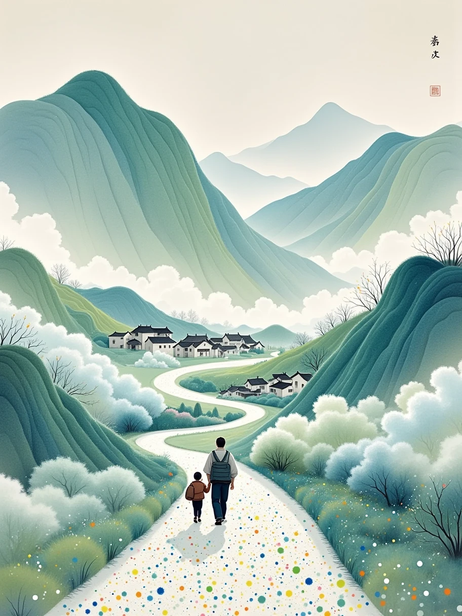 Fluid watercolor, artistic conception, vastness, distant mountains made of felt material, small path, clouds and mist, small village, people returning home, Ye Ruikun, Gu Yuan, line illustration, frosted texture, dazzling light and shadow, color particles, extensive ink splatter effect, minimalist composition, elegant background