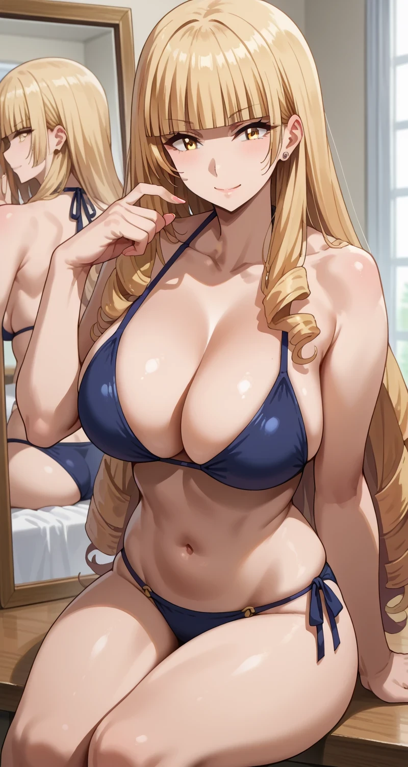 Tall female, fit girl, score_9, score_8_up, score_7_up, source_anime,
orianarose, oriana rose, long hair, blonde hair, yellow eyes, drill hair, bangs, blunt bangs, mature female, large breasts, thicc thighs, 
flash gyaru, cleavage, sitting, 1girl, long_hair, large_breasts, navel, swimsuit, mirror, bikini, ass, solo, black_bikini, thighs, collarbone, closed_mouth, 20yo,Young female,Beautiful Finger,Beautiful long, smile, 