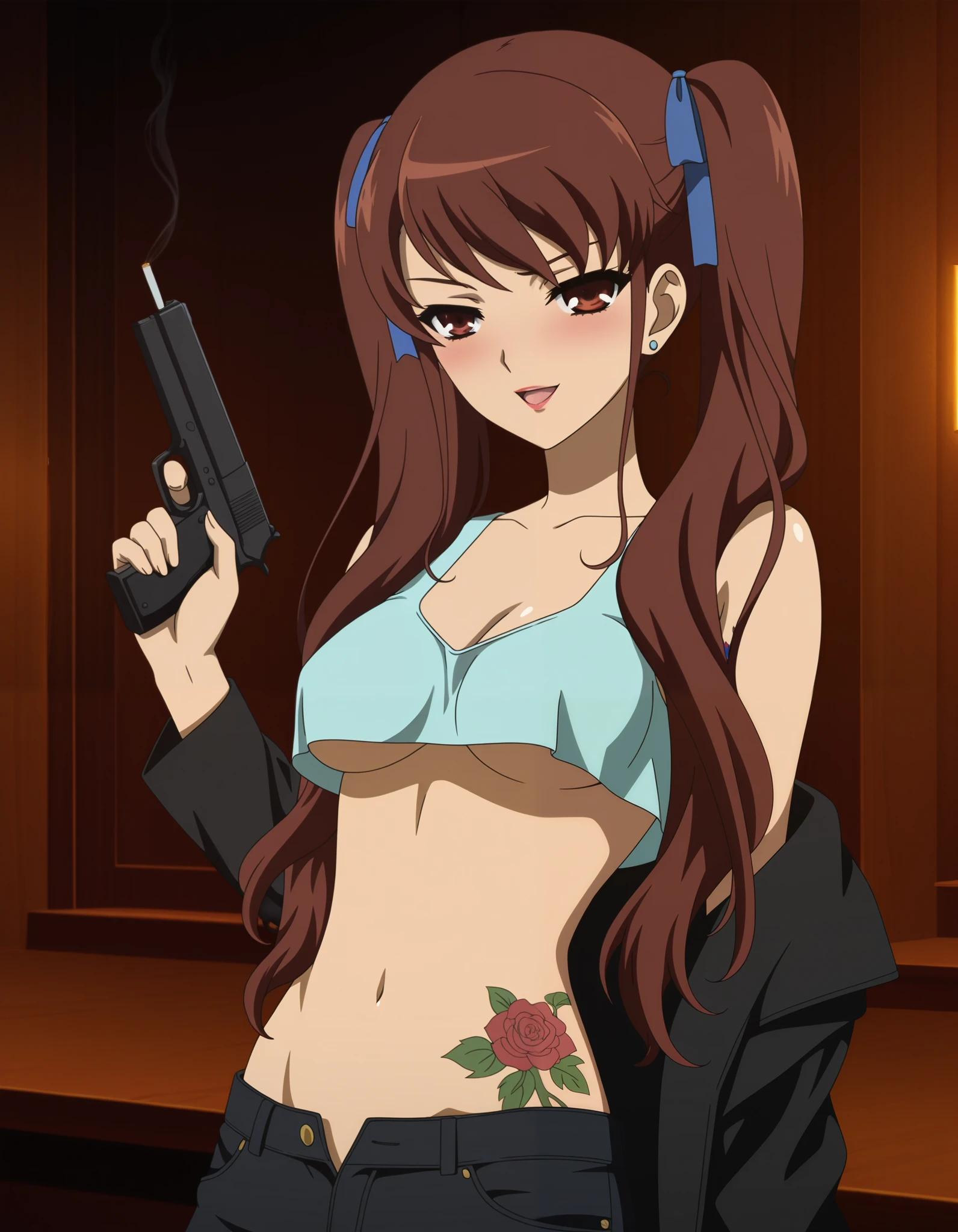 1girl,  medium breasts, akazawa izumi, brown hair, long hair, twintails, blue hair ribbon, brown eyes, (anime coloring:1.5), ear piercing, long hair, blush, lipstick,Hot girl, baddie, smoking, bad attitude, mean girl, sensual, attractive, bar background, inside bar,indoors, masterpiece,high quality,4k, bare shoulder,belly,crop top,holding pistol,cleavage, unbuttoned shirt,shirt, knot, indoor,smile, open mouth, (nsfw) not safe for work, evil expression, exposed belly, exposed navel, exposed midriff, exposed lower belly, crop top overhang, underboob,jacket, unbuttoned jeans , low rise black jeans, Low rise jeans, Low rise jeans with open fly, tattoo on body, flower tattoo, dragon tattoo, , shiny skin,