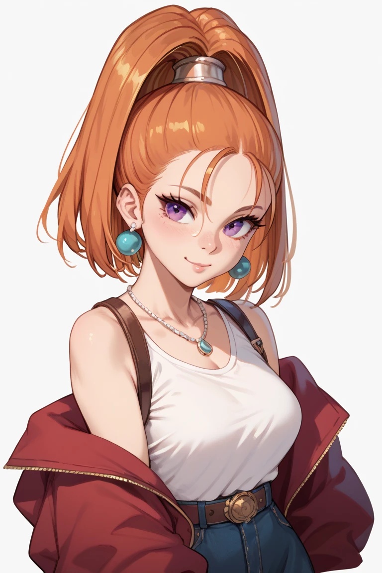 dqbbra, 1girl, orange hair, high ponytail, long hair, purple eyes,  
earrings, jewelry, CFNF