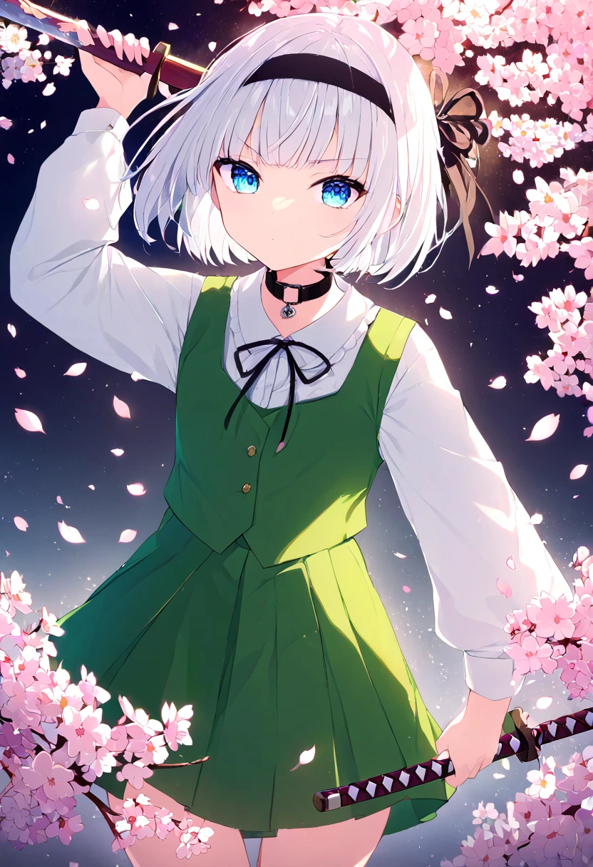 Konpaku Youmu、youmu、 1 girl、 sucks the cute pussy of 、White hair bob cut、 blue eyes、 white long sleeve shirt、 Green Vest and Skirt 、 Black Ribbon Around Her Collar 、 Black Ribbon Wearing a Black Headband、 Serious Girl with a Sword Scabbard 、I held up my sword、刀の鞘を持った、Cherry blossoms at night background、 Perfect Face 、 greatest masterpiece、 top quality、 imaginary、beautiful