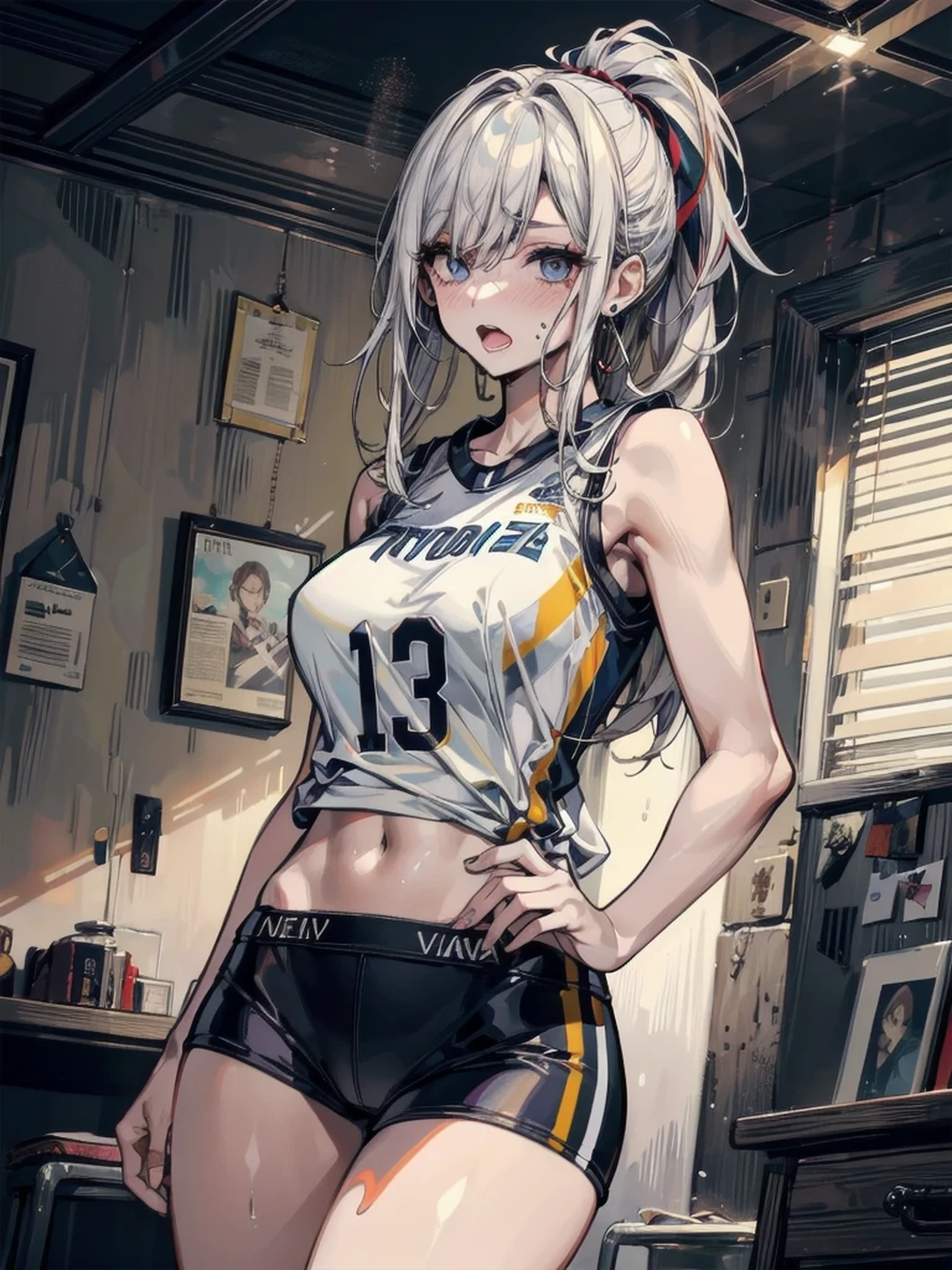 ((obra-prima)), ((melhor qualidade)), highres, (kei1), 1girl, solo, (olhos azuis), (cabelo longo), (adolescente de 15 anos), (usa um uniforme de futebol venezuelano que se chama Vino tinto) , (fita), (franja), (collar bone), (cabelo grisalho), (faixa de cabelo preta), neck ribbon, (cabelo entre os olhos), (middle breasts), tiro de cowboy, sorriso, (corpo inteiro completo detalhado), (She's on a sports court), (corpo anatomicamente correto sem erros), (escenario completo detalhado)