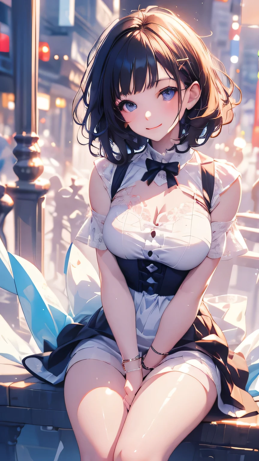 Main piece、high quality、High resolution、1 girl,single, Ruka Sarashina、jewelry、skirt、Maid uniform with bare chest、Japan maid café、black hairの女性、short hair、black hair、black pantyhose, blue eyes, long sleeve, Blue Hair Band, bangs, big breasts, cleavage, Medium waist, medium hips, wide thighs, Cowboy photos, smile, Charm, embarrassing, blush、large crowd of people, looking at the viewer,from below、high angle,とてもbig breasts、cleavage、No bra、No panties、No panties、非常に短いskirt、nipple、nippleを出す、Rubbing your own chest with both hands、Pose that emphasizes the chest、breast enhancement、1 girlと男の子1名, hetero, kiss, close your eyes, saliva, hug, blush, saliva trai、I feel it