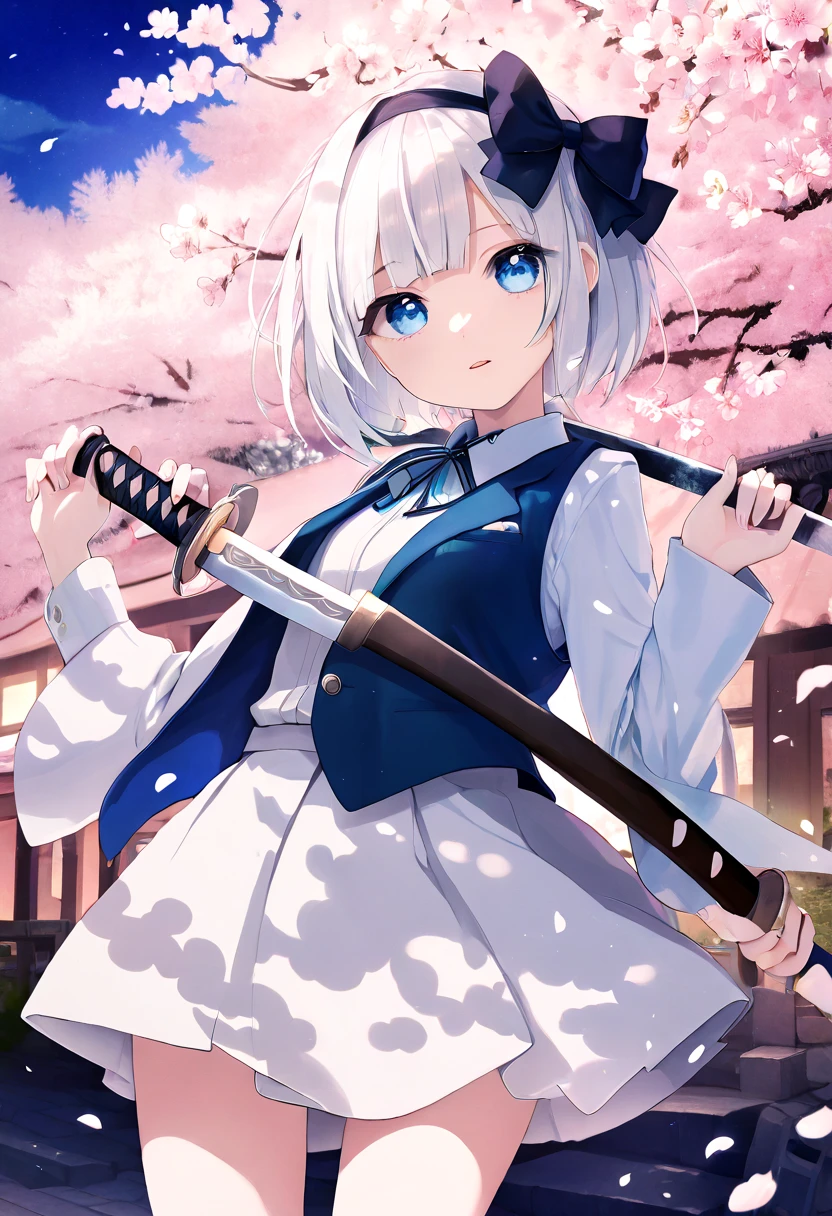 Konpaku Youmu、youmu、 1 girl、 sucks the cute pussy of 、White hair bob cut、 blue eyes、 white long sleeve shirt、 Green Vest and Skirt 、 Black Ribbon Around Her Collar 、 black ribbon on a black headband holding a sword scabbard、 Serious Girl with a Sword Scabbard 、I held up my sword、刀の鞘を持った、Cherry blossoms at night background、 Perfect Face 、 greatest masterpiece、 top quality、 imaginary、beautiful