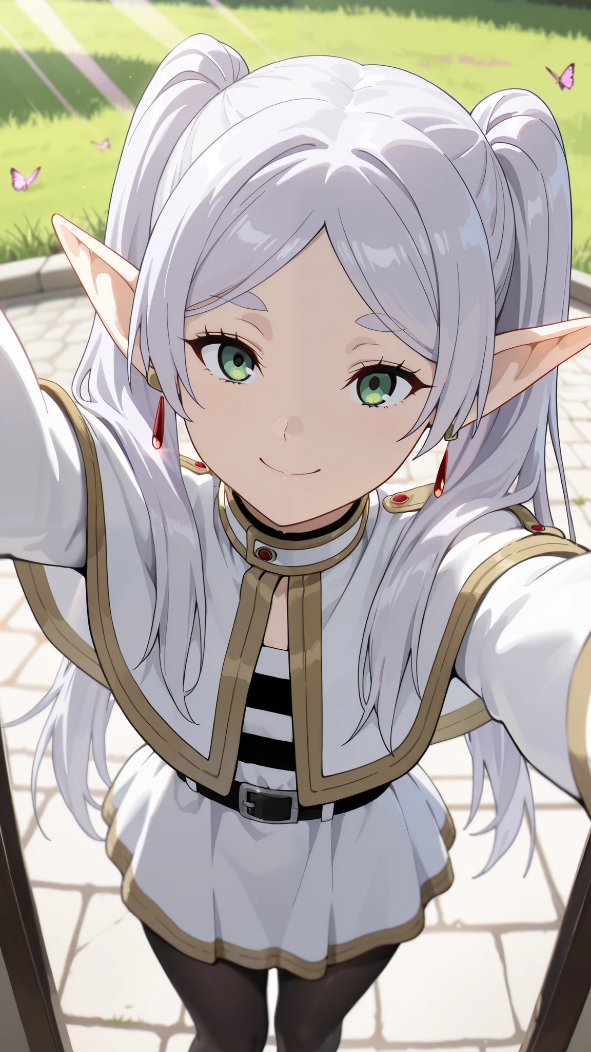1girl, (masterpiece:1.3), (high resolution), (8K), (extremely detailed), (4k), (pixiv), perfect face, nice eyes and face, (best quality), (super detailed), detailed face and eyes, (solo), textured skin, absurdres, highres, wz_sousou_no_frieren_style, wz_sousou_no_frieren_style, twintails, very long hair, silver hair, pointy ears, elf, white capelet, green eyes, black pantyhose, earrings, white skirt, belt, white sleeves, pov, selfie, light, smile, light rays, sunlight, butterfly, grass, stone street