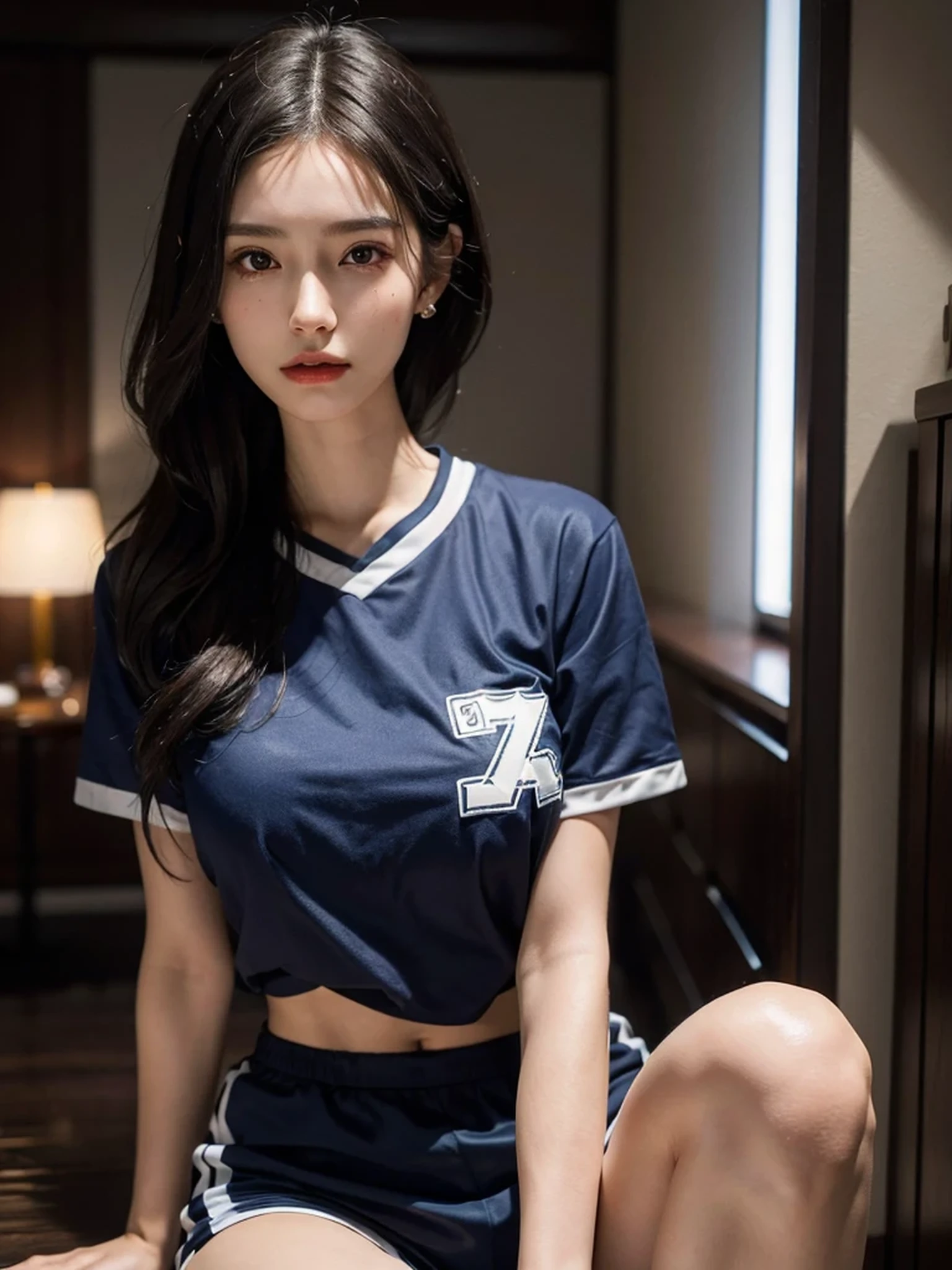 disorganized, RAW photo, very delicate and beautiful, masterpiece, highest quality, ultra high resolution, 16k, surreal, super detailed, perfect anatomy, super dense skin, perfect figure, Highly detailed CG 8k wallpaper, 20's, very slim body, tight waist, very small head, very small face, delicate facial features, tearful mole, earrings, thin legs, (very huge round breasts:1.2), (full body shot:1.1), (1 girl:1.1), short hair, wavy hair, (,basketball uniform:1.1),