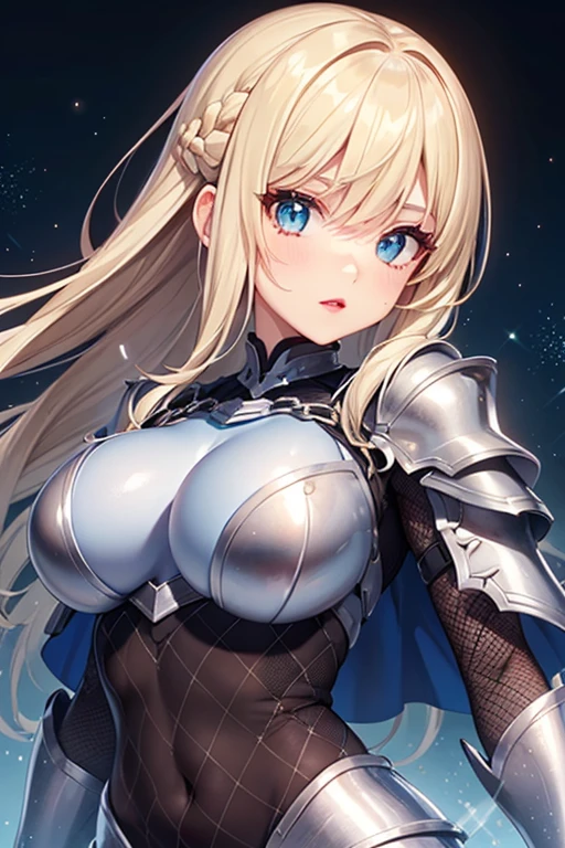 LeinaQuiron woman, breasts, blush, blue eyes, blonde hair, large breasts, cleavage, braid, hairband, armor, twin braids, side braid, short hair with long locks, buckle, shield BREAK (masterpiece, best quality:1.3), 4k, ultra-detailed, trending in pixiv, detailed background, detailed eyes, BREAK (on bed, under covers, blanket:1.4), BREAK (pov, upper body, from side, on side, happy smile, blush:1.3), (contrast, light particles:1.2), (shiny skin:1.3)