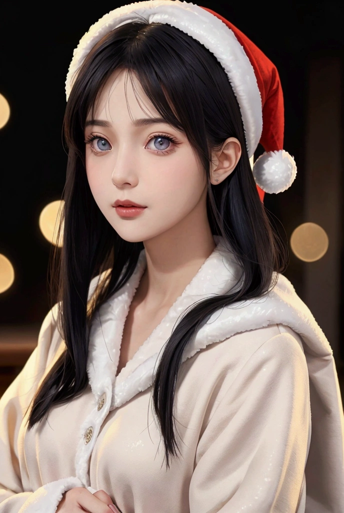 ((Eyes and Pupils:
Large, expressive eyes with a gentle, serene gaze, showcasing a pale lavender hue characteristic of her Byakugan ability.
Eyes appear almost opalescent with a soft glow, giving a mystical, wintery charm, reflecting the festive twinkle of nearby Christmas lights.
Pupils are faintly visible, muted but giving a subtle hint of depth, as though radiating inner kindness and calm.))
((Hair and Hair Type:
Straight, silky, midnight-blue hair cascading past her shoulders, with smooth and natural texture reflecting subtle highlights from ambient Christmas lights.
Hair length slightly trimmed, styled into soft layers that frame her face, enhancing her delicate and elegant features.
A few strands of hair gracefully fall over her forehead, blending seamlessly with her rounded bangs that curve gently above her eyebrows.))
((Face and Facial Type:
Oval-shaped face with balanced proportions, radiating a tender and graceful charm fitting her gentle personality.
Well-defined, smooth jawline that transitions seamlessly into her slender neck, adding to her refined and feminine allure.
High, slightly rounded cheekbones that give her an angelic glow in the festive lighting.
A delicate chin, adding to the softness of her overall facial structure.))
((Nose:
Small, subtly rounded nose with a soft, upturned tip, maintaining her innocent and youthful appearance.))
((Mouth:
Full yet delicately shaped lips, naturally tinted with a soft rose-pink hue.
warm smile that radiates kindness and holiday cheer.
Lips slightly parted, as if mid-laugh or softly singing a Christmas carol.))
((Christmas Hat:
Classic red Santa hat with a plush white brim))
((Smooth skin))
(Christmas-Themed Background
A tall, beautifully decorated Christmas tree adorned with golden tinsel, shimmering lights, and ornaments in shades of red, green, and gold.
Strings of warm, glowing fairy lights wrap around)
(wears a cozy yet elegant Christmas dress,top with long sleeves and white faux fur)
(close up portrait)

