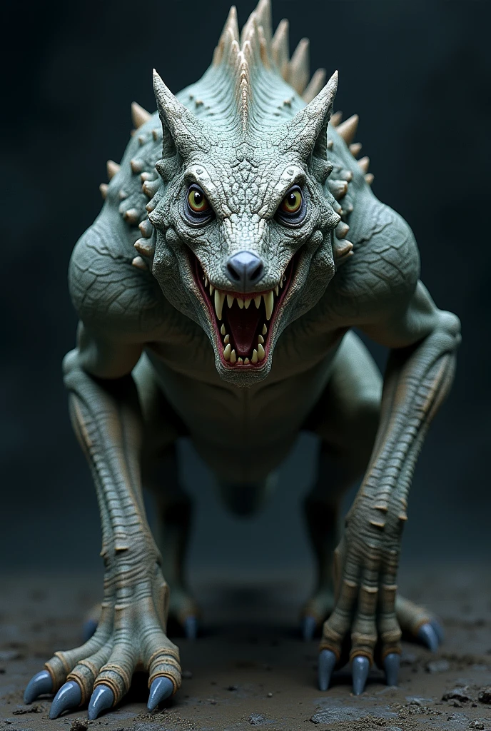 A chameleon and a gray wolf with six legs, that form an image of these animals in a body. animals big strong and scary .