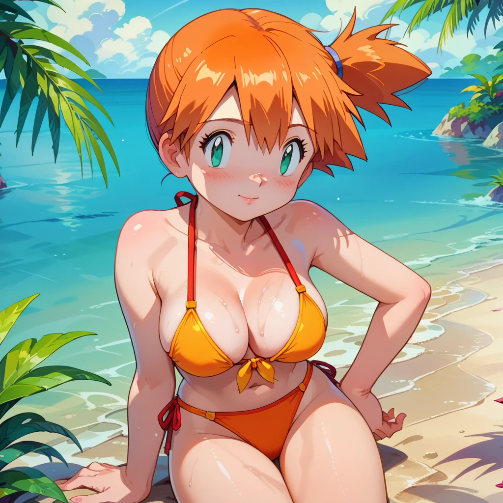 anime screencap, score_9,  score_8_up, score_7_up, score_6_up, source_anime, 1girl, solo, misty \(pokemon\), side ponytail, Large breasts, bikini 