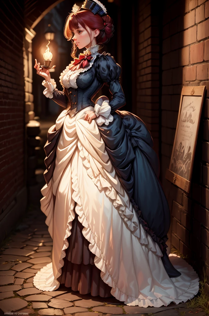 Noble ladies fashion full body in Victorian Era dress red, blue, green a conservative full body pose of a 1910 woman wearing a small hat and business attire and a long skirt , standing in a dark alleyway with gas lighting, a full moon in the background, beautiful character painting,Extremely dark 