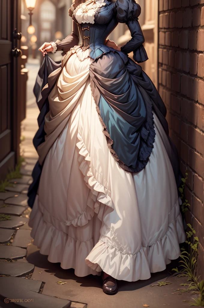 Noble ladies fashion full body in Victorian Era dress red, blue, green a conservative full body pose of a 1910 woman wearing a small hat and business attire and a long skirt , standing in a dark alleyway with gas lighting, a full moon in the background, beautiful character painting,Extremely dark 