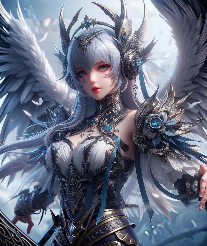 top-quality、masterpiece、超A high resolution、(Photorealsitic:1.4)、Raw photo、Battle Cyborg Angel、large wings made of metal、White porcelain body、Acrylic Clear Cover、white hair、glowy skin、1 Cyborg Girl、((super realistic details))、portlate、globalillumination、Shadow、octan render、8K、ultrasharp、character edge light,Colossal tits、Raw skin is exposed in cleavage、Details of complex ornaments、Gothloli details、Hydraulic cylinder、Small LED lamp、highly intricate detail、Realistic light、a purple eye、radiant eyes、Facing the camera、neon details、cowboy shot、Futuristic headgear、About Cyberpunk、、