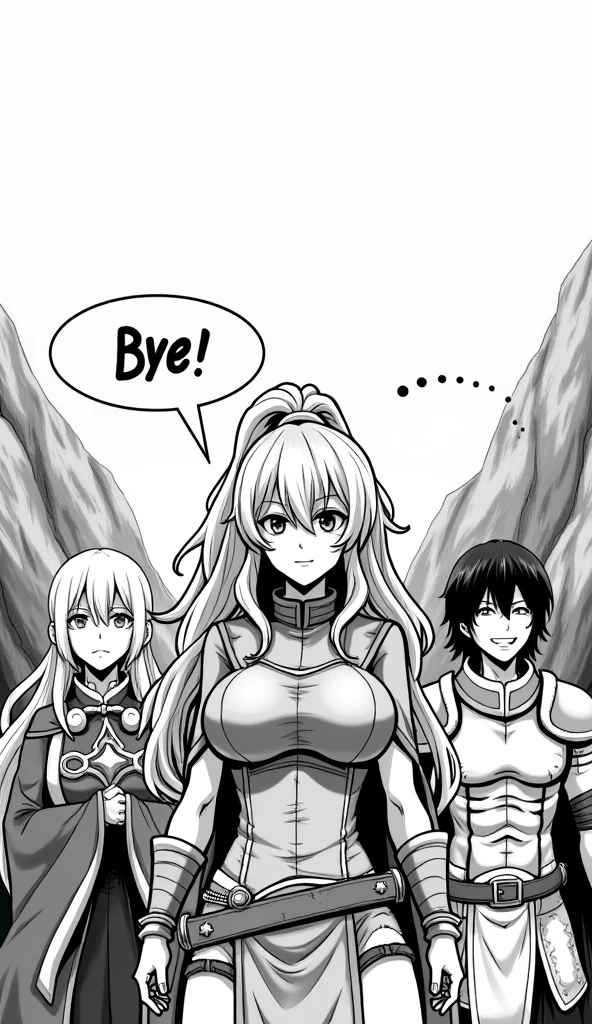 a black and white image of three anime characters with a question mark, Oppai, escamas cobrindo seu peito, black and white manga panel, escamas no peito, Isekai manga panel, huge wings growing out of arms, Anime Maids montando tanques antigos, Oppai proportions, com armadura escamosa, Estilo de gesto pesado de closeup, manga panel, manga panels