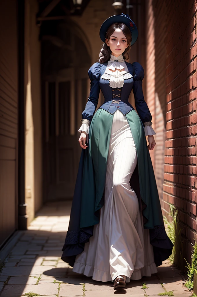 Noble ladies fashion full body in Victorian Era dress red, blue, green a conservative full body pose of a 1910 woman wearing a small hat and business attire and a long skirt , standing in a dark alleyway with gas lighting, a full moon in the background, beautiful character painting,Extremely dark 