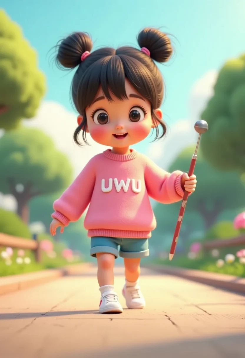 ((front views)) 3D animation with vibrant color palette, a girl, cute and adorable with her hair into two buns on top and bangs, beautiful cute girl, cheeks flushed, wearing a pink sweater with "uwu" printed on the front with white color, blue shorts, walking while holding a selfie stick, iphone photo selfie of a girl, from above, fish eyes lens, perfect eyes. in the car, on the highway.