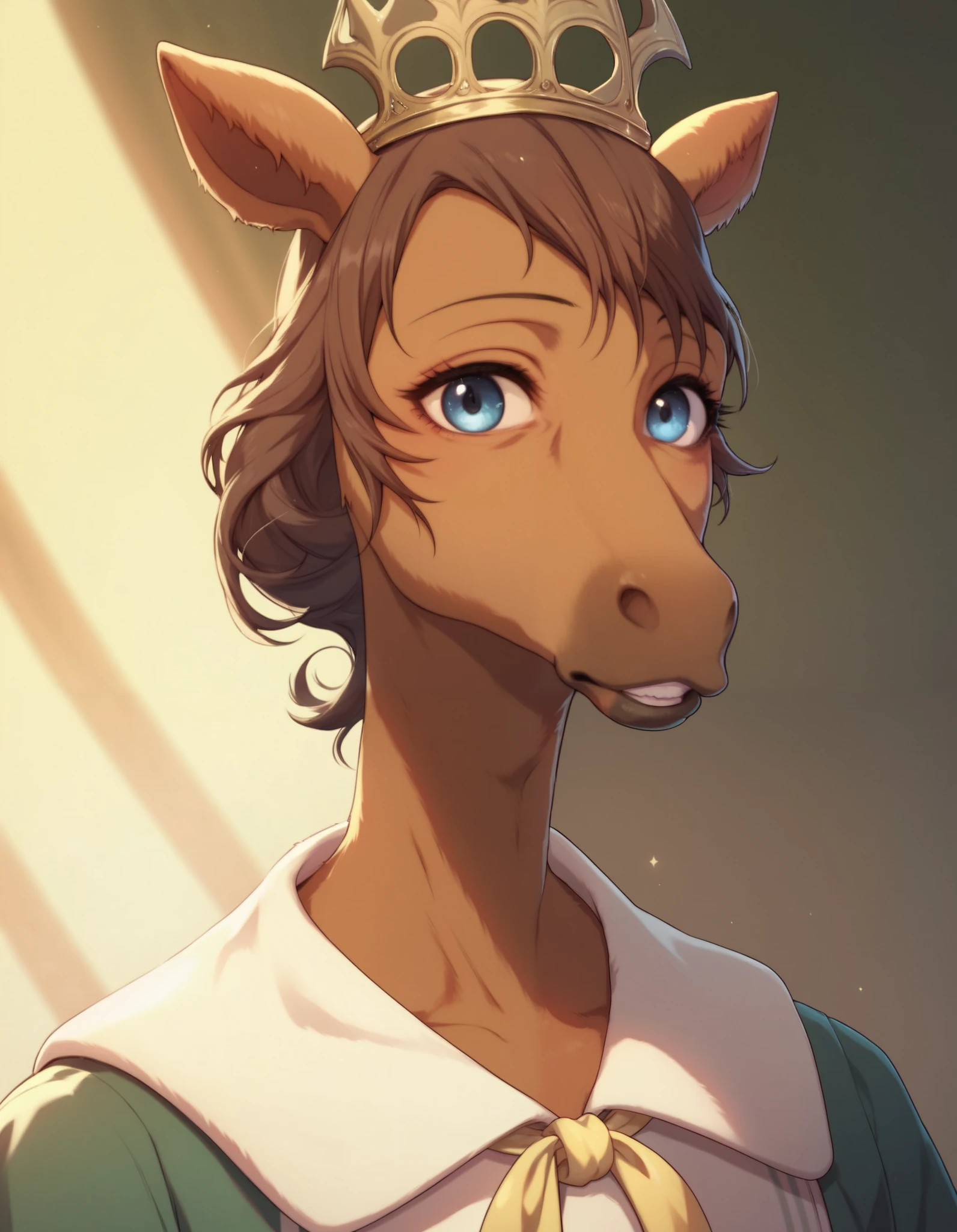 Beastars_style, solo, anthropomorphic horse, 1 girl, furry female, furry horse, light brown fur, blue eyes, long snout, dark brown mane, green clothes with large yellow stripe, crown,