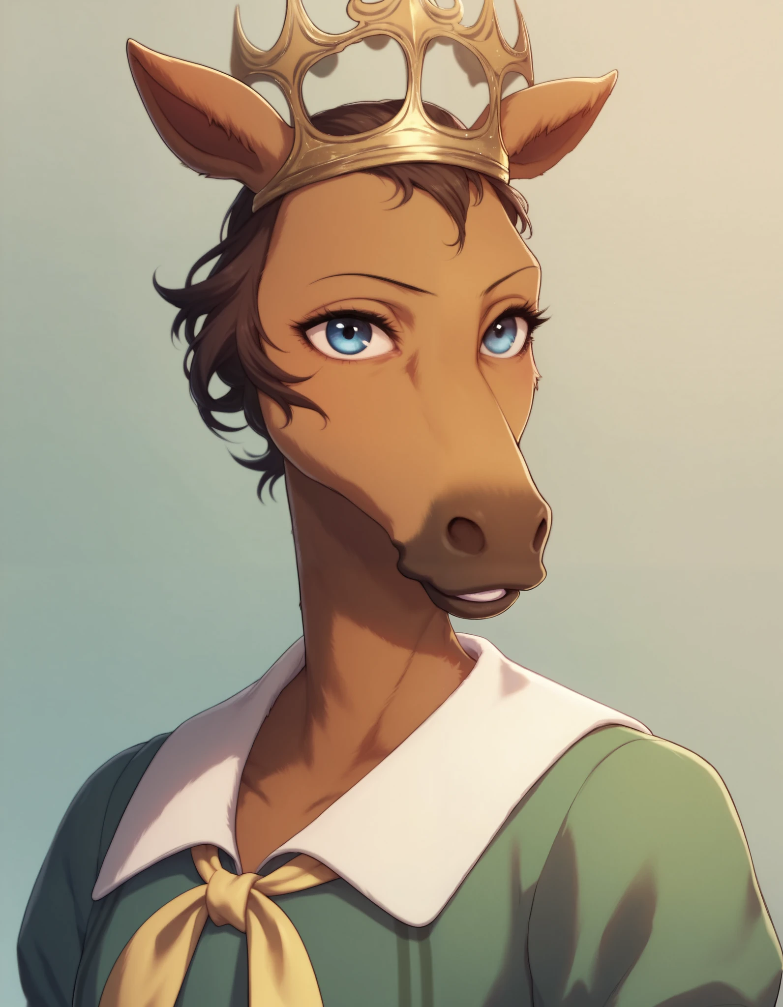 Beastars_style, solo, anthropomorphic horse, 1 girl, furry female, furry horse, light brown fur, blue eyes, long snout, dark brown mane, green clothes with large yellow stripe, crown,