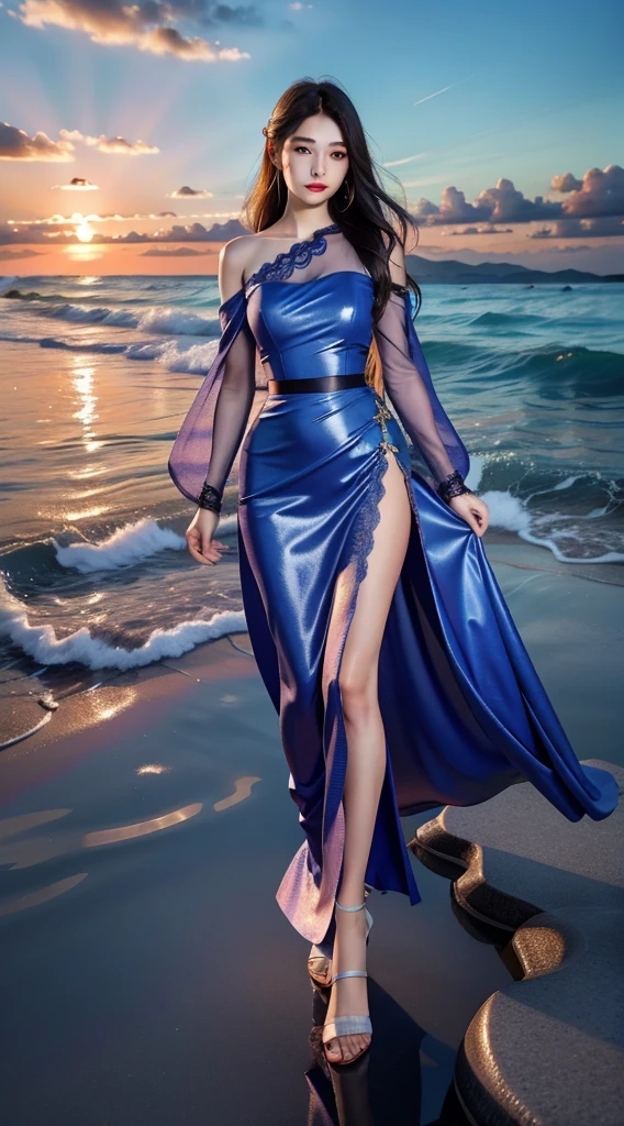 Best Quality, Masterpiece, Ultra High Resolution, (Realistic: 1.4), Original Photo, (Elongated Legs), (Beautiful Hands), 1 Girl, Solo, Standing, ((Extra Long Dress: 1.5)), In the Dark, Deep Shadows, (Jimmy Choo), (Floating Color Wind: 1), (Full Body), Perfect Big Eyes, Charming Big Eyes, Perfect Face, Beach, Sea, Smile, Low Profile, Slim Figure, ((Golden Ratio Figures)), ((Perfect Long Legs))