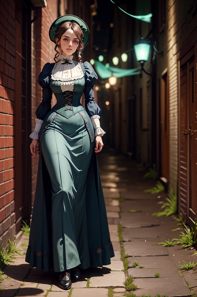 Noble ladies fashion full body in Victorian Era dress red, blue, green a conservative full body pose of a 1910 woman wearing a small hat and business attire and a long skirt , standing in a dark alleyway with gas lighting, a full moon in the background, beautiful character painting,Extremely dark 