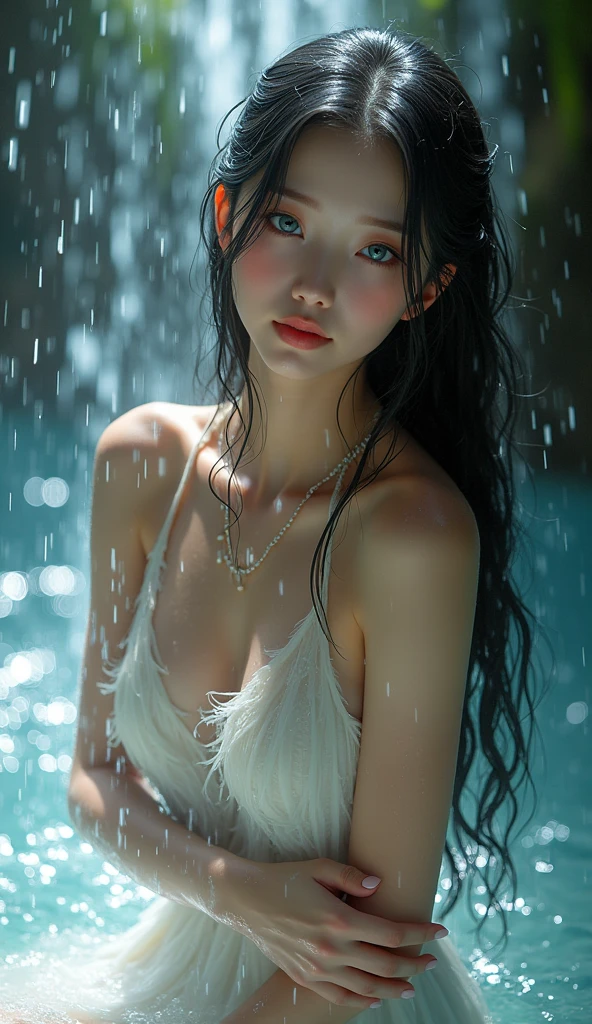8yk, raw photo, (masterpiece), (best quality), hi-res, (one girl), (realistic, photorealistic: 1.2), ultra-detailed physically based rendering, necklace, earrings, air bang, hair ornament, sunset, collarbone, wristband, navel, long hair, brown hair, ahoge, girl alone, medium breasts, beach, wavy hair, thin 、、、、 ((highest quality, 16k, masterpiece: 1.3)), beautiful woman with perfect figure: 1.4, big, big breasts, 28 years old, slender abs: 1.2, (((long wavy hair)), ((small: 1.4)), ((kpop idol: 1.3)), ((shower water)), ((lingerie 1.5)), (((bathroom)), highly detailed face and skin texture, (((pose)), ((seductive)), ((spread legs (Drenched body)) close your eyes, close your eyes, open your mouth wide, cry,