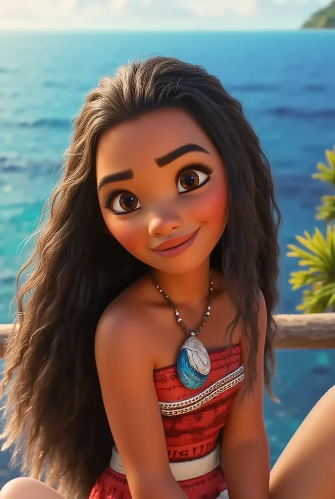 cinematic shot of moana, disney, beautiful detailed eyes, beautiful detailed lips, extremely detailed eyes and face, long eyelashes, detailed portrait, female character, tropical paradise, ocean, waves, beach, coconut trees, golden hour lighting, vibrant colors, cinematic lighting, photorealistic, 8k, best quality, masterpiece