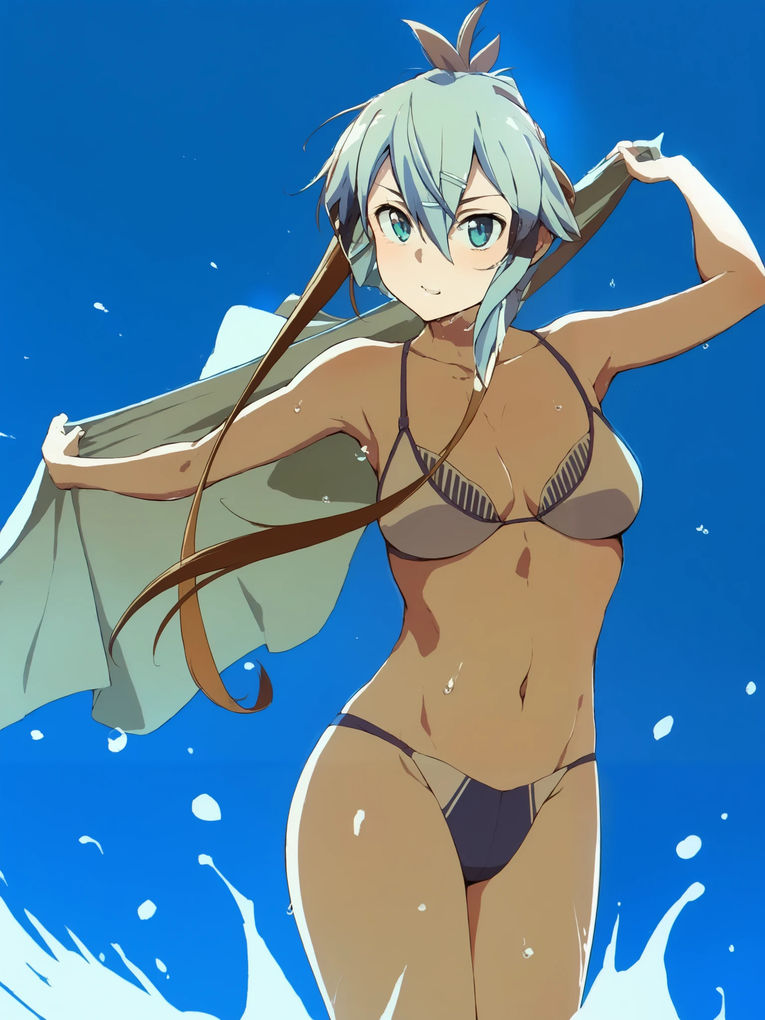 anime girl in bikini with umbrella in the ocean,  Asada Shino，SAO Shinon ， Anime Wallpaper Blue Water,   and tropical fruits  , bikini 