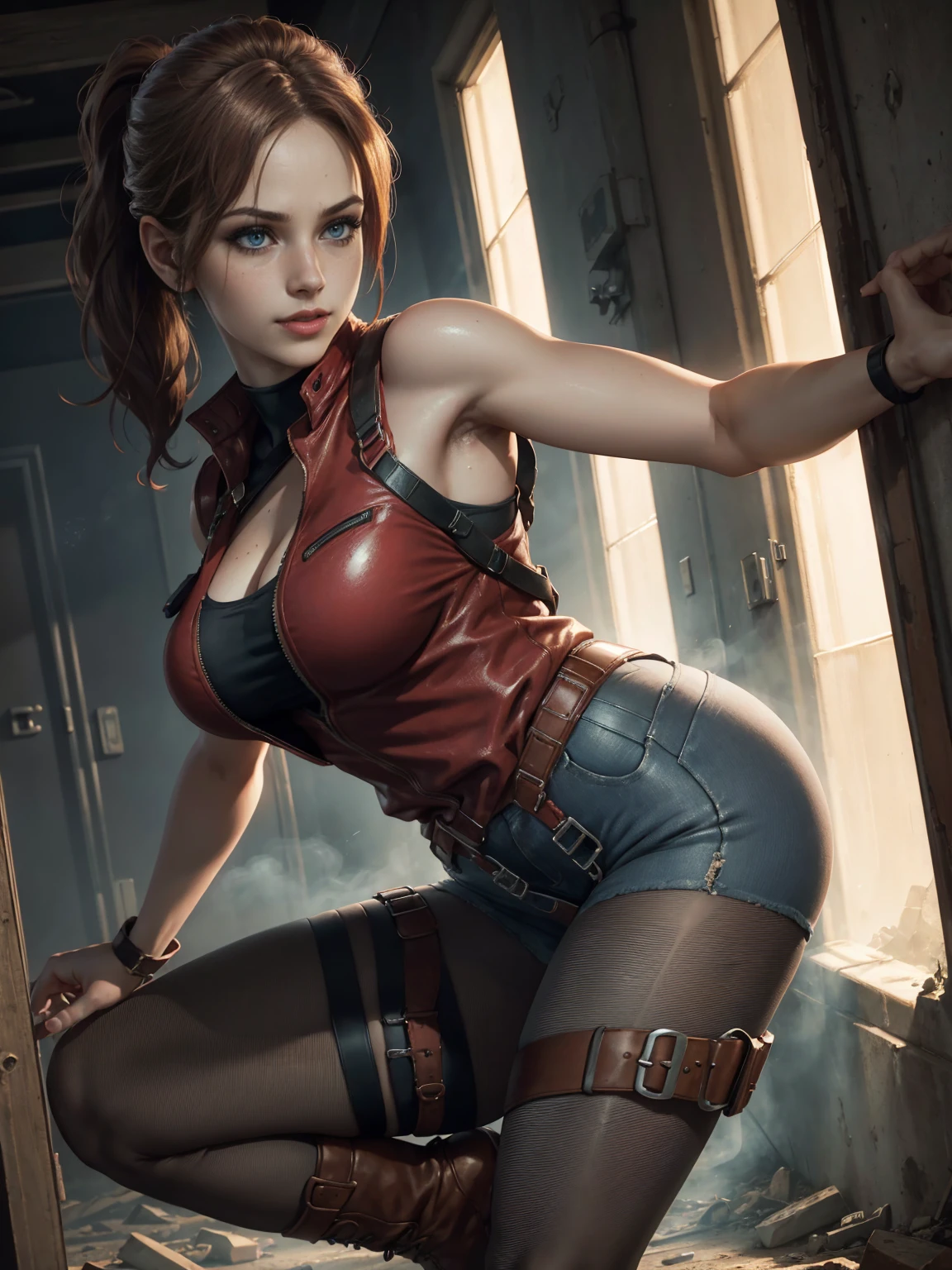 Claire Redfield, resident evil, ((1girl, solo, from behind, looking back)), (best quality, 4K,8k,high resolution,work of art:1.2), (weather: sunset), (ruined city, abandoned house), sweaty, wide hips, long curly hair, short ponytail hair, brown hair, freckles, sleeveless top, short sleeve red jacket, blue denim shorts, pantyhose, harness, tall boots, light makeup, dark eyeshadow, flirting pose, ultra detailed,portrait,realistic,beautiful detailed blue eyes, beautiful detailed lips,extremely detailed eye and face, long eyelashes,average, large breasts,flying hair,beaming smile, sexy smile, powerful girl, bright coloured, dramatic lighting, smoke