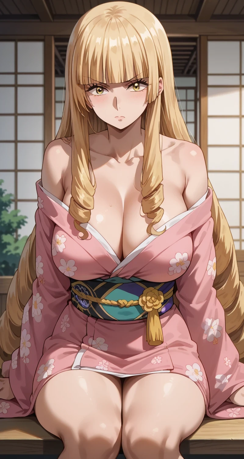 Tall female, fit girl, score_9, score_8_up, score_7_up, source_anime,
orianarose, oriana rose, long hair, blonde hair, yellow eyes, drill hair, bangs, blunt bangs, mature female, large breasts, thicc thighs, 
flash gyaru, 1girl,solo,outdoors,one piece, mature woman, long hair, very long hair, black hair, shinny hair, kimono, long kimono, pink kimono, collarbone, bare shoulders, sit down, indoors, japan home