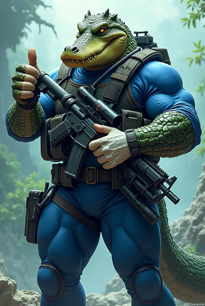 (A rugged beefy very muscular bulky crocodile man), (wearing blue wetsuit), carrying a rifle, thumbs up pose,  wearing bulky scuba gear, muscular physique, toned muscles, fierce, heroic, action, comic artstyle, bulky best quality, wearing white combat gloves. wearing gun holster on left thighs, dynamic action pose, fierce expression, showcasing an imposing stature, powerful, best quality image, action-packed atmosphere, masterpiece.