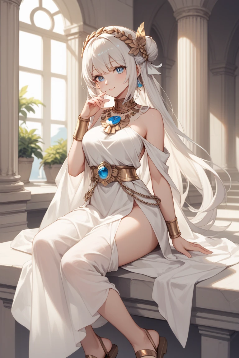 Elven Daughter of Sultan, dark skin, white long hair, white horns, white tattoos, diamond earrings, blue eyes, white saree, sitting on a throne