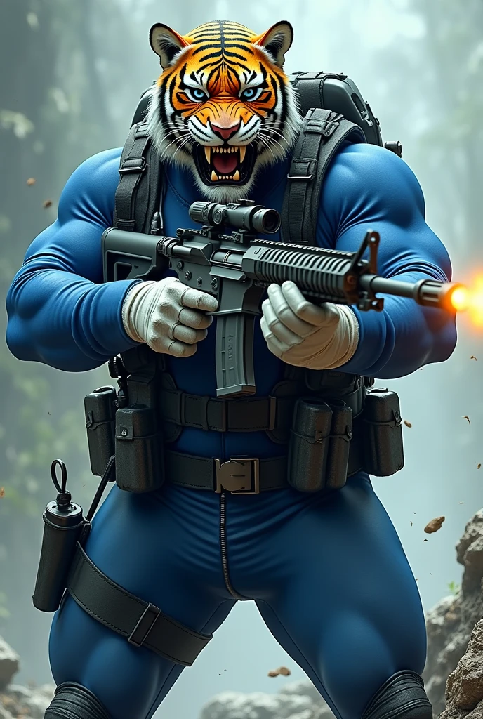 (A rugged beefy very muscular bulky old man), (wearing blue zipper wetsuit), (wearing realistic roaring tiger mask), shooting with rifle,  wearing bulky scuba gear, muscular physique, toned muscles, fierce, heroic, action, comic artstyle, bulky best quality, wearing white combat gloves. wearing gun holster on left thighs, dynamic action pose, fierce expression, showcasing an imposing stature, powerful, best quality image, action-packed atmosphere, masterpiece.