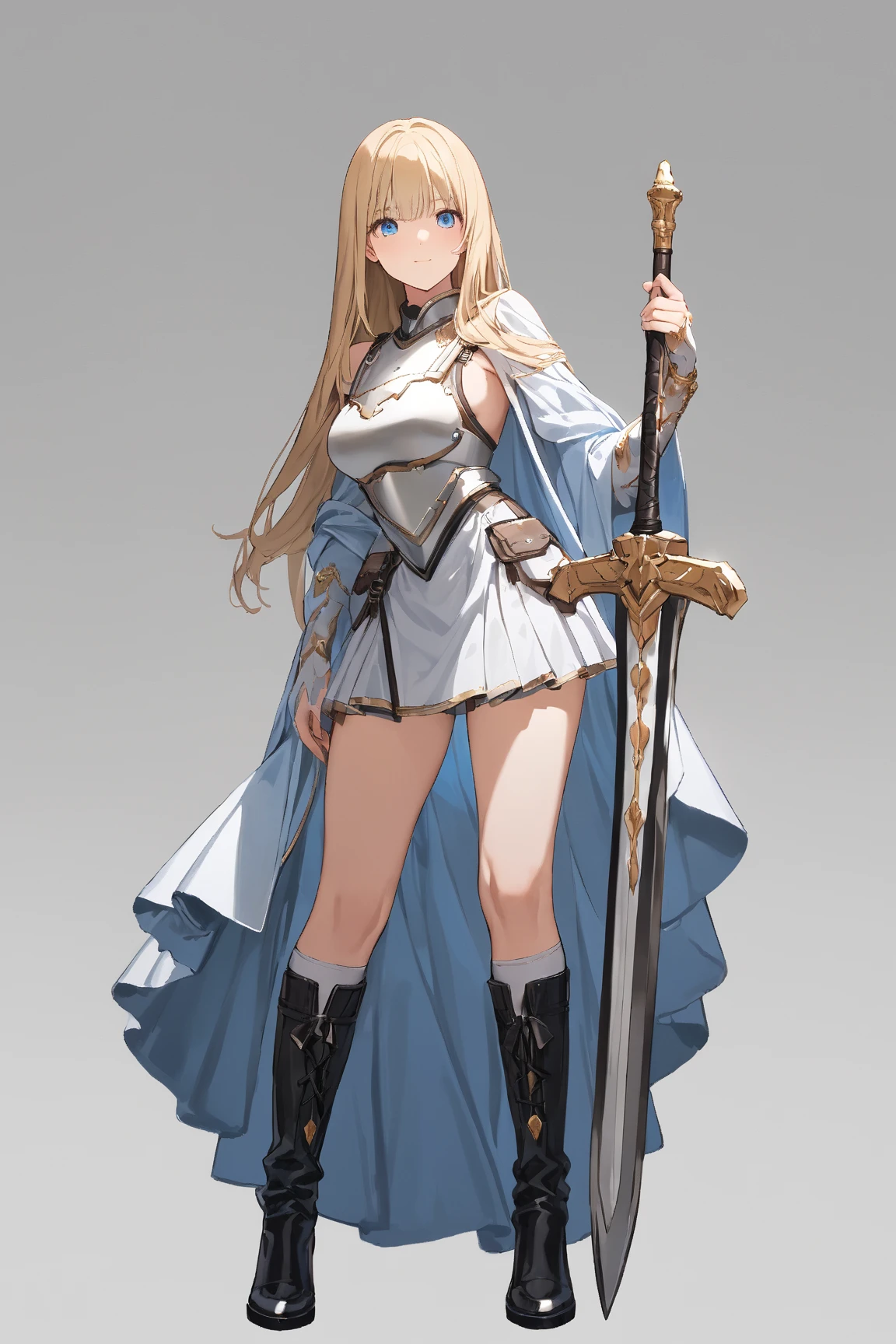 (gray background:1.3), No wind, character sprite, Break, 
1 girl, (cute face), elegant, Confident Look, light smile, 19 years old, Tall, 170 cm tall,, Standing, feet out of frame, blonde long hair, hime cut, blue eyes, (medium breasts:1.2), slim, white elegant Battle dress, short length skirt, tight breastplate, thigh boots, Great Sword,,(porcelain skin), Break, 
(gray background:1.3), No wind, high fantasy, game cg, absurdres,  highres icon, ultra detailed, beautiful, masterpiece, best quality,