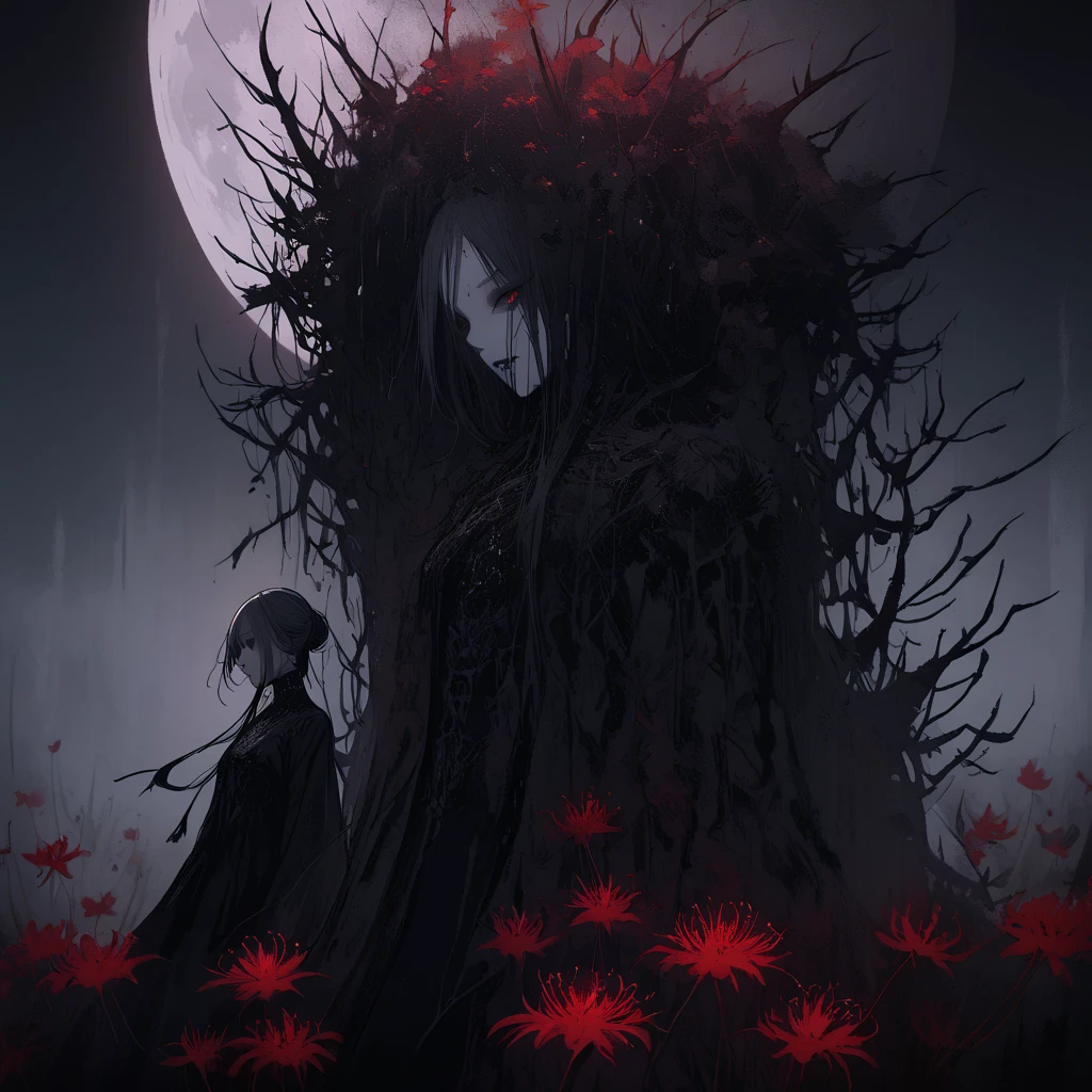 （Dark and scary atmosphere,Gothic Fashion,Dark colors）,（Highest quality，Super exquisite item）,Very sexy vampire girl,A large number of red spider lilies in full bloom on a red full moon night,Beautiful and delicate eyes,Beautiful black straight ponytail,Crow's feathers,Pale skin,No clothes on,naked,The moonlight illuminates her silhouette,A fantastic background created by darkness and moonlight,She is a tall girl who looks like an adult.,A crow is flying,Crow's feathersが舞う,Are standing,Deep foggy forest behind,（Courtesy）,((The shadows of several hanged bodies in the forest behind)),A flock of crows swarming around a ,Chained,Hanged by a chain around the neck,Hanging