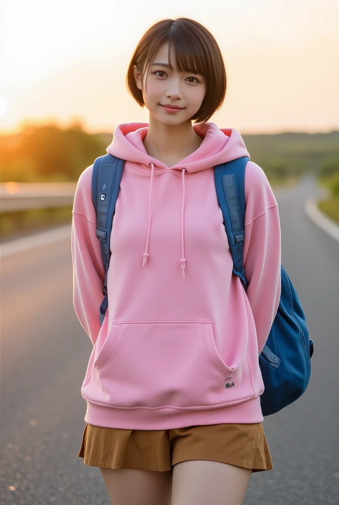 top quality 8k, high resolution, professional photographic, ultra detailed, 15mm film, portrait, (19 year old, beautiful Japanese female, REIKA standing legs parted:1.3), beautiful very short bob cut:1.4, beautiful nape, (big hip best proportion:1.5), arms behind back, (blue backpack, brown-skirt, too large pink hooded sweatshirt, "gerogero":1.4), (thick thigh smooth thigh radiant thigh focus), ((too very blushing)), (ultra detailed sunrise backlighting:1.5), (good depth field, Lonely Traveler in  country road:1.5) 