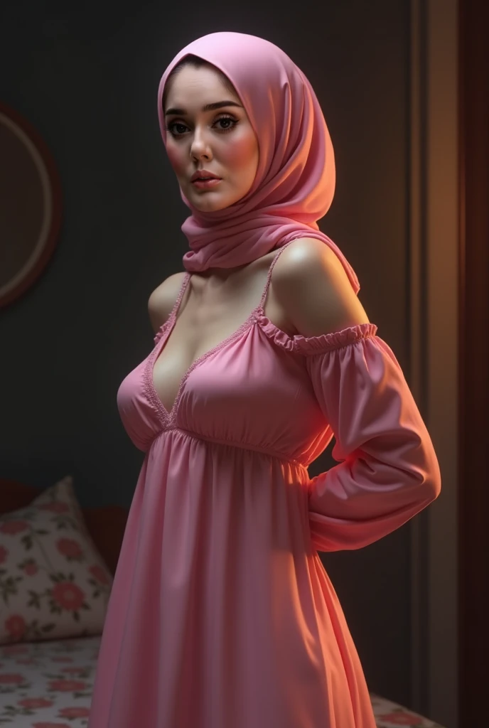 (masterpiece), (ultra high resolution), (extremely intricate), (exquisitely detailed), (F1.4, 1/800s, ISO 100, photorealistic),1girl, (beautiful gorgeous arabic woman), looking_at_camera,Evil queen, homewrecker, white hair,huge breasts,((wearing full sleeve black silk gown with golden embroidery abaya,ivory colored hijab,scarf with gold jewellery)), thigh high stockings,(long eyelashes,double eyelids),(red eyeshadow,silver eyeliner,golden masacara),Full lips,bright red lipstick,golden glitter,
Romantic makeup,
standing,pin up style