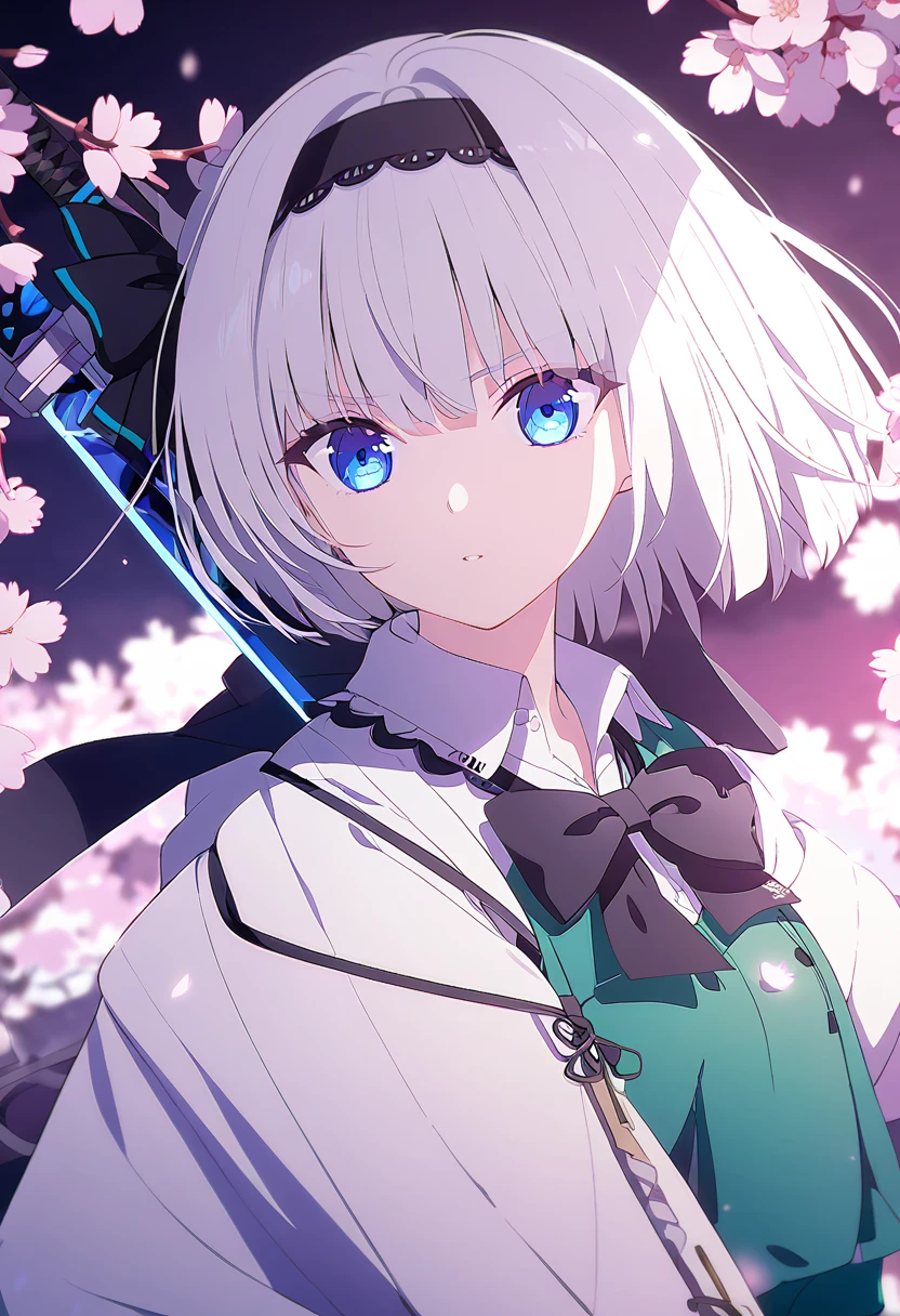 Konpaku Youmu、youmu、 1 girl、 sucks the cute pussy of 、White hair bob cut、 blue eyes、 white long sleeve shirt、 Green Vest and Skirt 、 Black Ribbon Around Her Collar 、 black ribbon on a black headband holding a sword scabbard、 Serious Girl with a Sword Scabbard 、Cherry blossoms at night background、 Perfect Face 、 greatest masterpiece、 top quality、 imaginary、beautiful