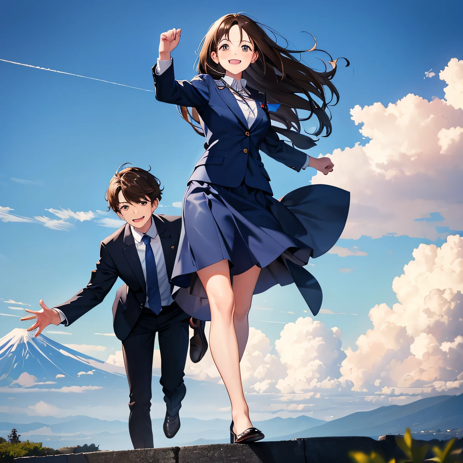 Best picture, best quality, 1080p, 8K, masterpiece, first class, (perfect face), front, blue sky and white clouds behind Mt. Fuji, two men and a woman in suits waving one hand upward, smiling and celebrating, (clenching fists), Kyoto animation style, man in his 30s, woman in her 20s, full body, brown hair, dark blue suit, girl in dark blue skirts, clear horizontal plastic with red string around neck, full body, successful, business casual, mouth wide open, big smile