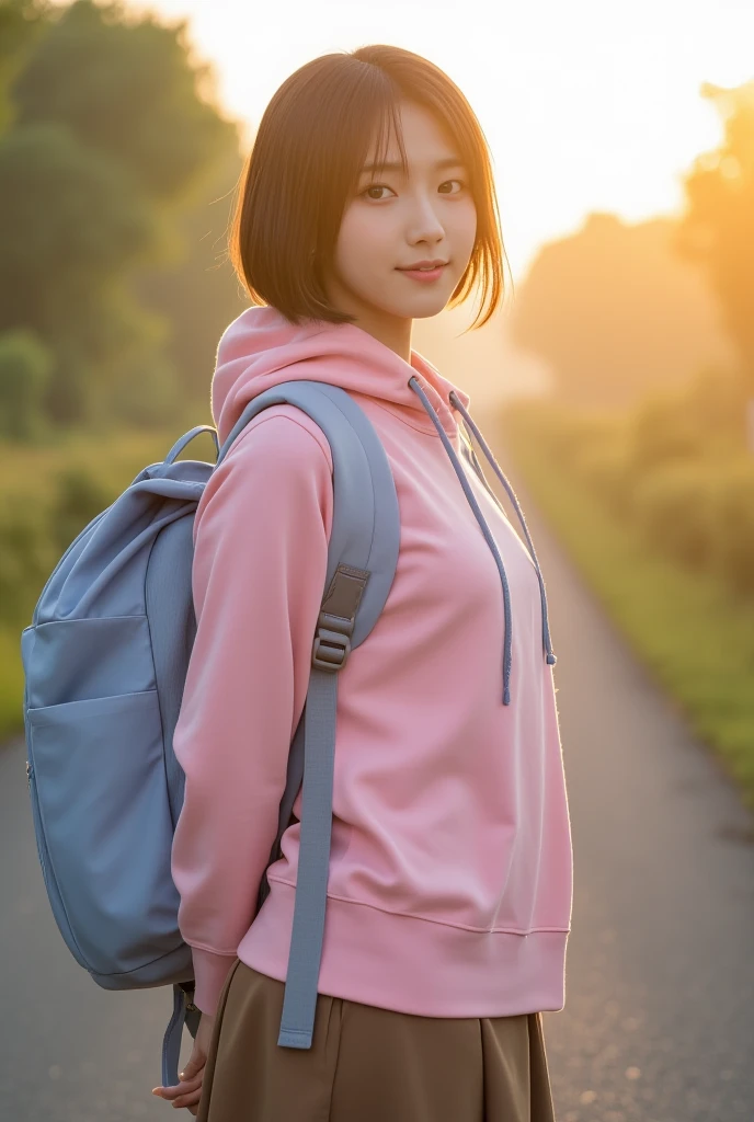 top quality 8k, high resolution, professional photographic, ultra detailed, 15mm film, portrait, (19 year old, beautiful Japanese female, REIKA standing legs parted:1.3), beautiful very short bob cut:1.4, beautiful nape, (big hip best proportion:1.5), arms behind back, (blue backpack, brown-skirt, too large pink hooded sweatshirt, "Japanese businessman", :1.4), (thick thigh smooth thigh radiant thigh focus), ((too very blushing)), (ultra detailed sunrise backlighting:1.5), (good depth field, Lonely Traveler in  country road:1.5) 